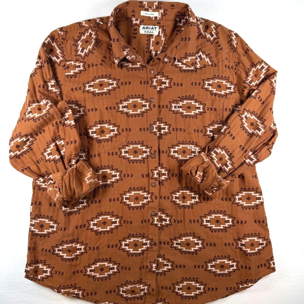 Ariat Real Relaxed Womens Southwestern Coastal Cowgirl Cotton Button Down Shirt